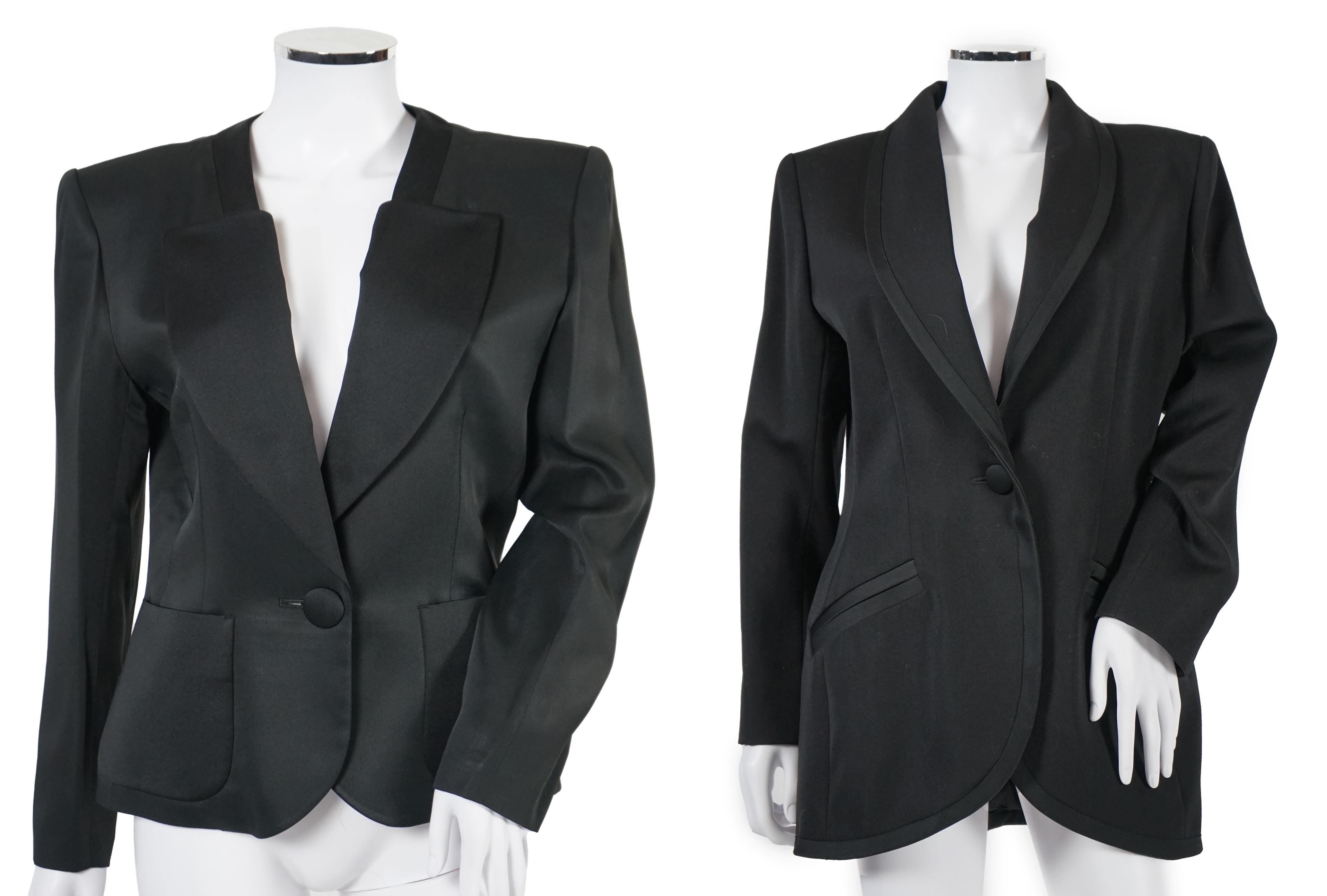 Two vintage Yves Saint Laurent lady's variation black trouser suits, F 42 (UK 14). Please note alterations to make the waist smaller may have been carried out on some of the skirts. Proceeds to Happy Paws Puppy Rescue.